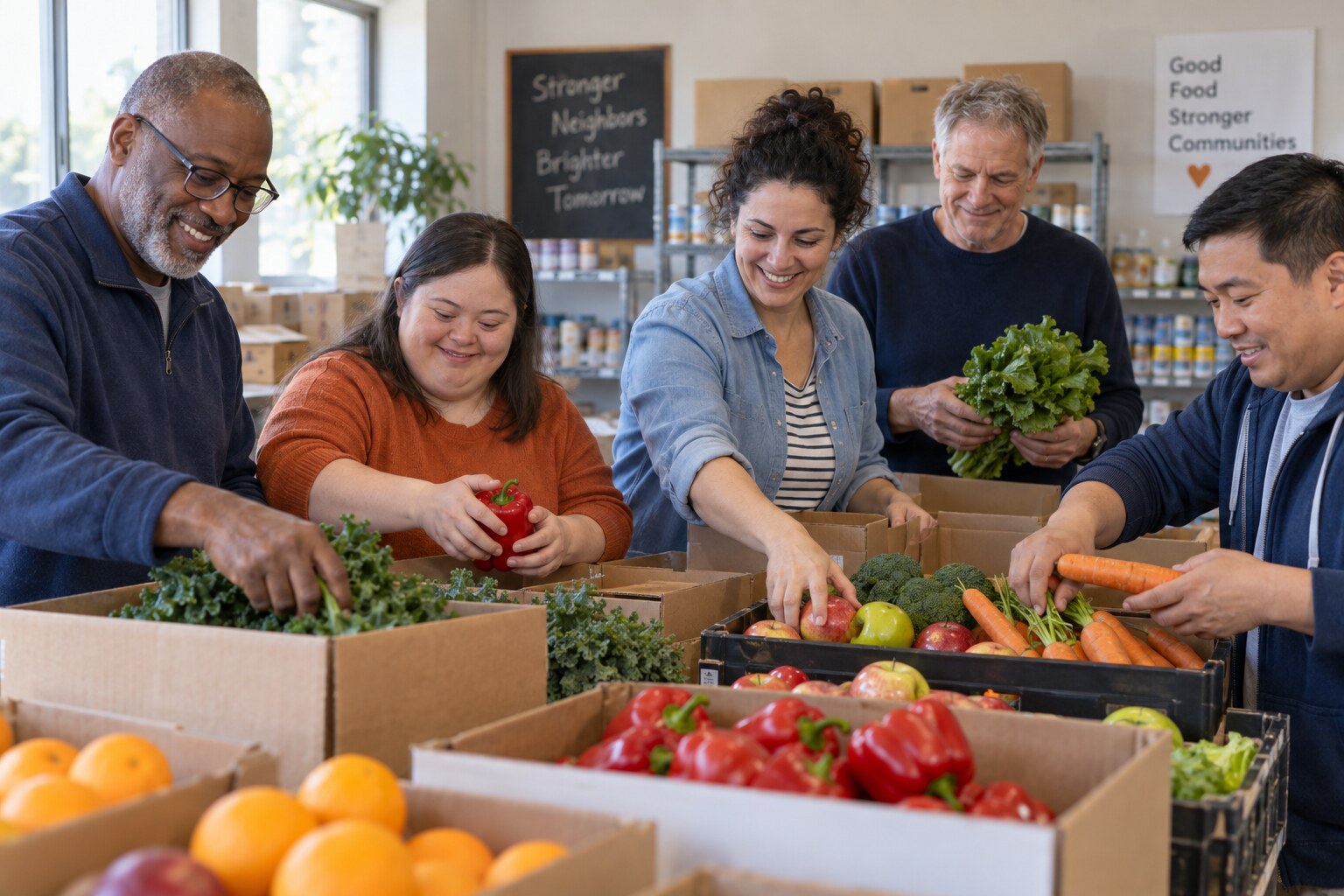 Adults working together to sort fresh produce at a community food pantry.