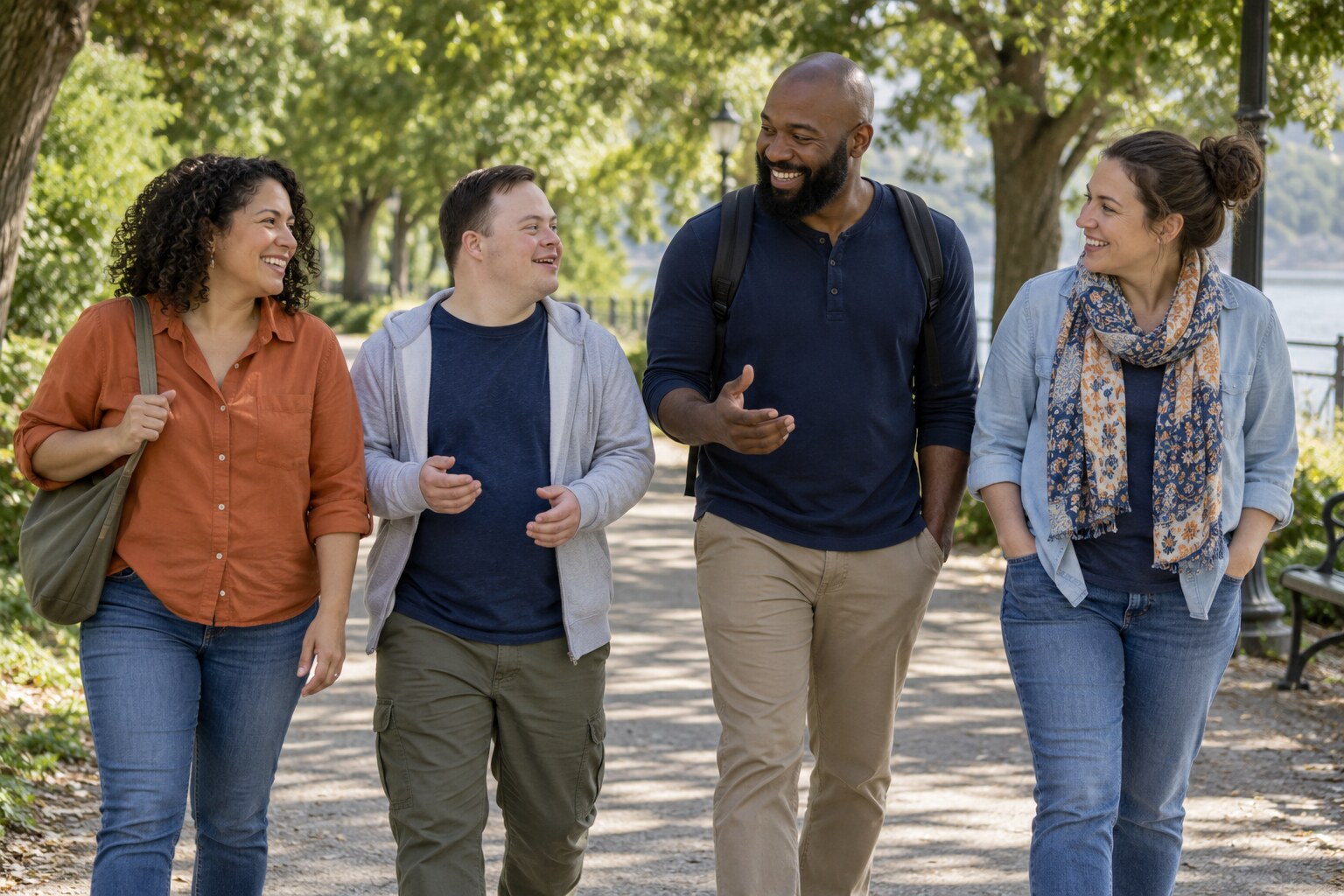 Adults enjoying conversation together on a leafy park path.