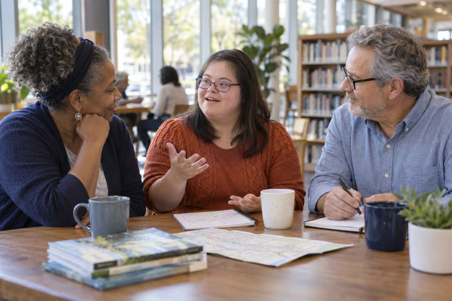 Adults planning an outing together at a library table.